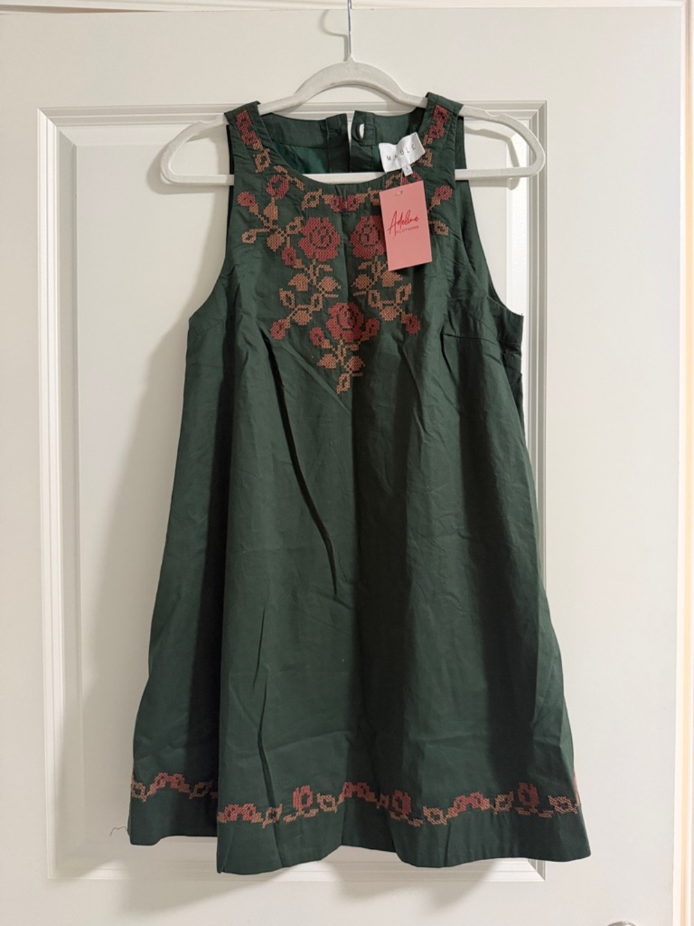 Mable small Sleeveless Embroidered Mini shift Dress in Forest Green